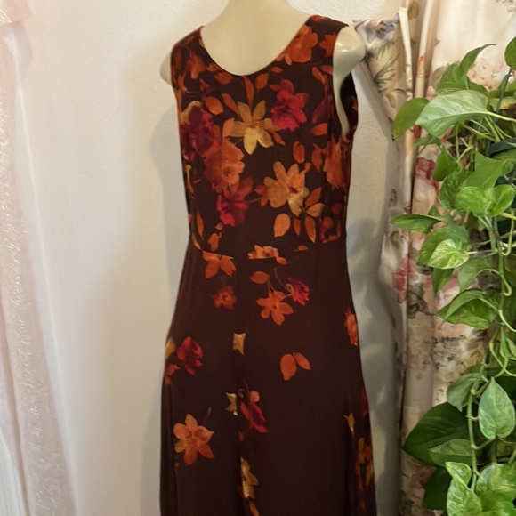 Vintage Dress Rabbit Design Brown Floral Design 2 Piece Orange Tan Red Maxi - Picture 6 of 16